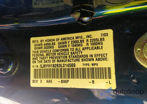 2003 Honda Element Dx из США, поврежденный, VIN 5J6YH18283L014569